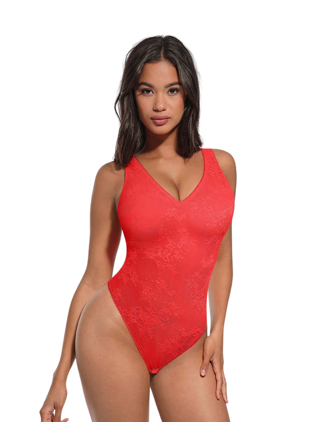 V-Neck Laced Thong Bodysuit - HeyShape