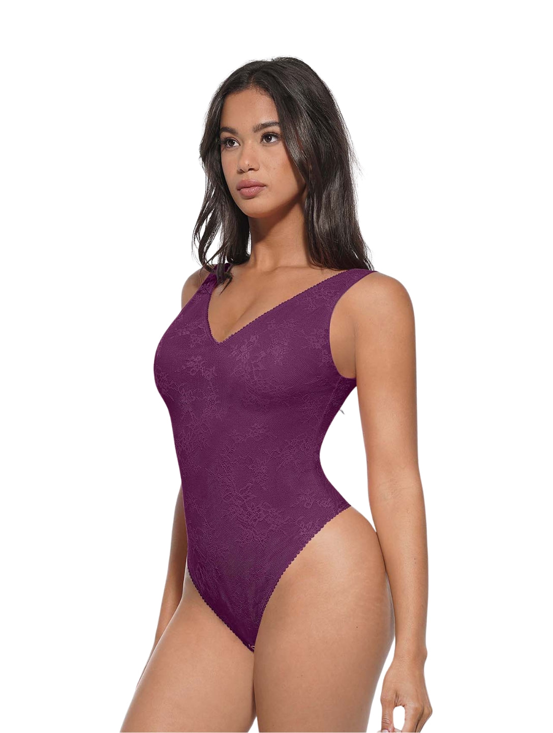 V-Neck Laced Thong Bodysuit - HeyShape