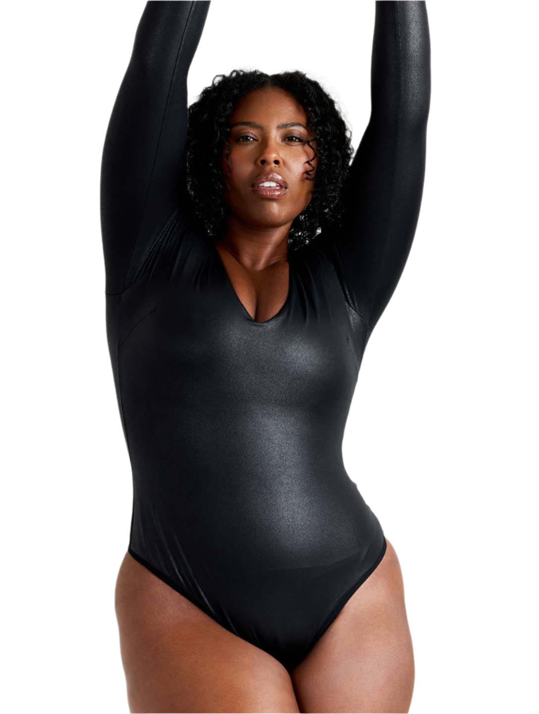 Leather Look Long Sleeve Bodysuit - HeyShape