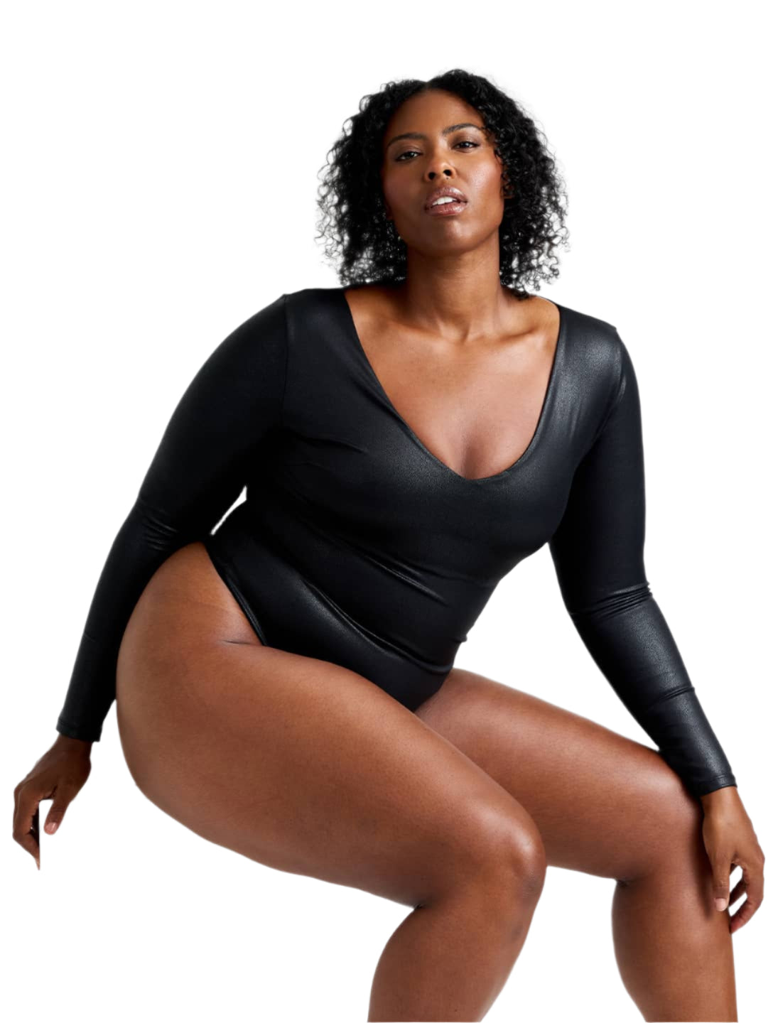 Leather Look Long Sleeve Bodysuit - HeyShape